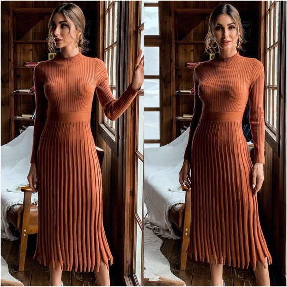 Fall mock neck ribbed knit sweater midi dress Pink - Picture 8 of 15